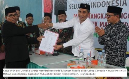 Setelah kiai, muslimat , fatayat, kepala desa Anggota BPD se Demak  kini dukung Mugiyono- Ali Mahsun