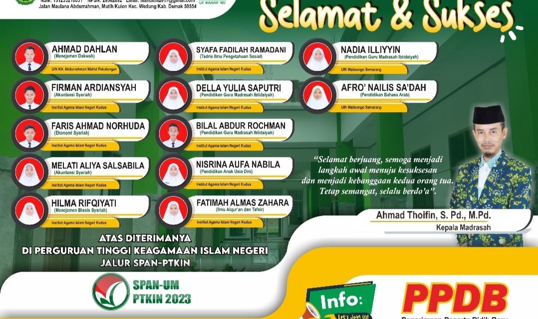 Madrasah Aliyah NU I’anatut Thulab Mutih Kulon Demak, 12 Siswa Lolos SPAN PTKIN